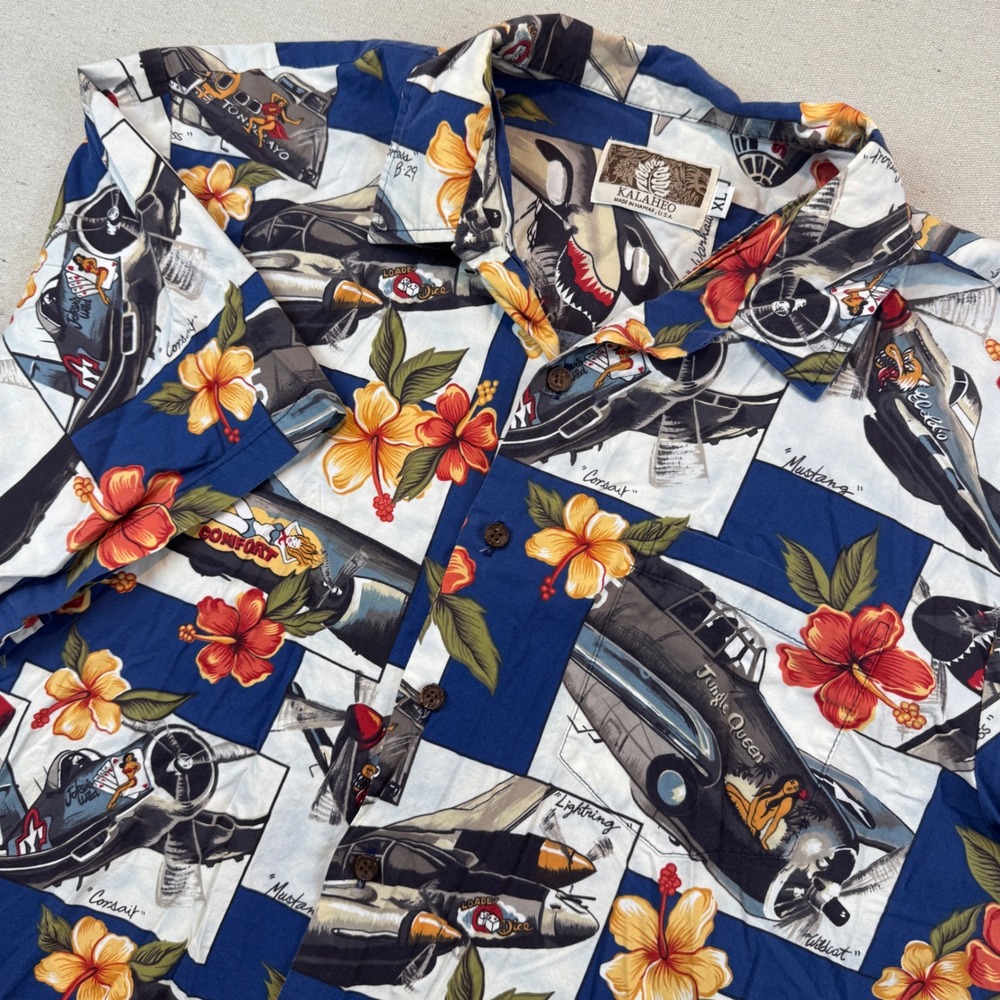 Kalaheo XL Button Down Shirt Mens Blue WWII Fighter Planes Hibiscus Hawaii